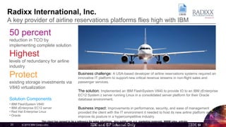 © 2015 IBM Corporation25 IBM and BP Internal Only
50 percent
reduction in TCO by
implementing complete solution
Highest
levels of redundancy for airline
industry
Protect
existing storage investments via
V840 virtualization
Solution Components
• IBM FlashSystem V840
• IBM zEnterprise EC12 server
• Red Hat Enterprise Linux
• Oracle
Radixx International, Inc.
A key provider of airline reservations platforms flies high with IBM
Business challenge: A USA-based developer of airline reservations systems required an
innovative IT platform to support new critical revenue streams in non-flight sales and
passenger services.
The solution: Implemented an IBM FlashSystem V840 to provide IO to an IBM zEnterprise
EC12 System z server running Linux in a consolidated server platform for their Oracle
database environment.
Business impact: Improvements in performance, security, and ease of management
provided the client with the IT environment it needed to host its new airline platform and
improve its posture in a hypercompetitive industry.
The client has agreed to be a reference for sales situations. Any public use, e.g. marketing materials, WWW sites, articles,
etc., requires approval from the client. Refer to IBM Customer Reference Database or PartnerWorld for contact information.
 