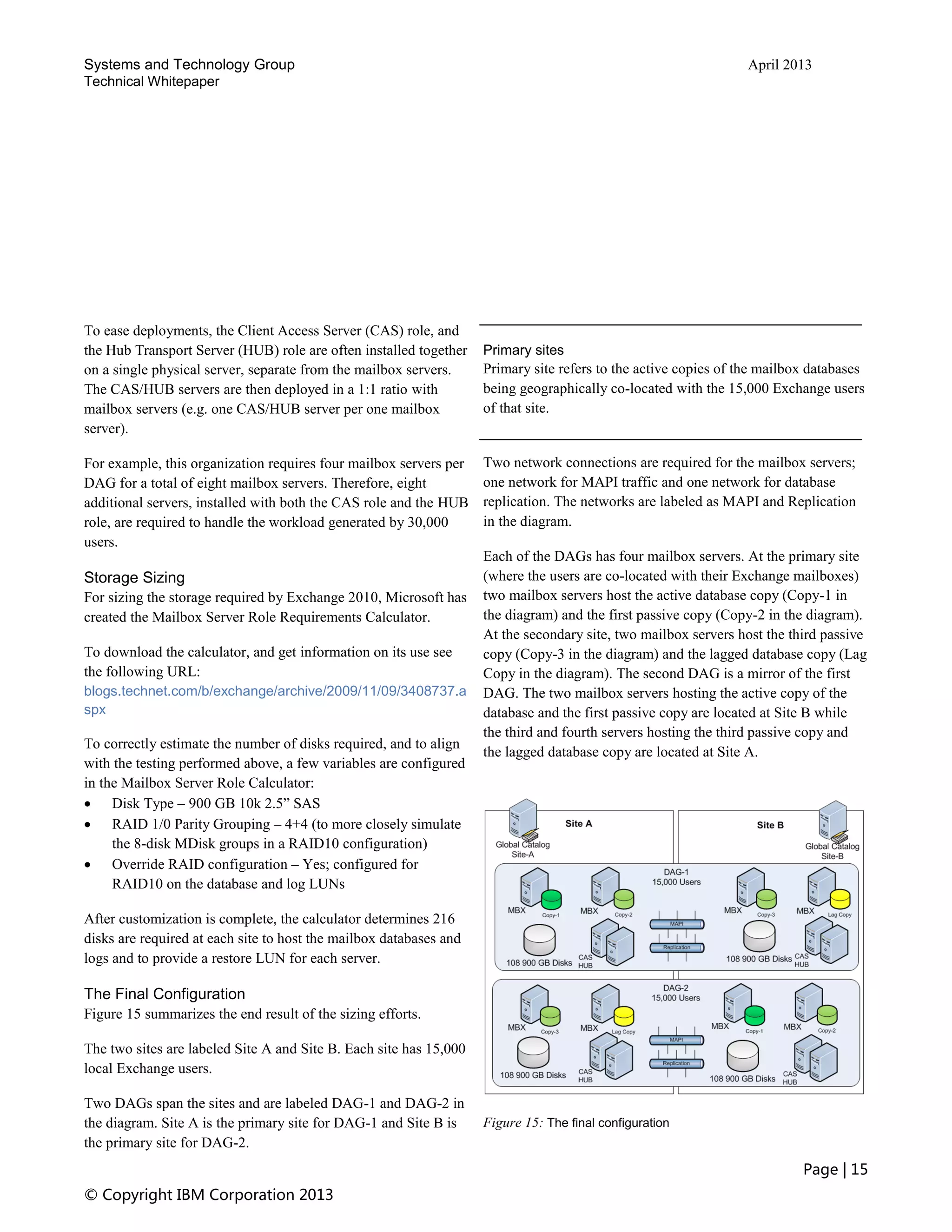 Systems and Technology Group April 2013
Technical Whitepaper
Page | 15
© Copyright IBM Corporation 2013
To ease deployments, the Client Access Server (CAS) role, and
the Hub Transport Server (HUB) role are often installed together
on a single physical server, separate from the mailbox servers.
The CAS/HUB servers are then deployed in a 1:1 ratio with
mailbox servers (e.g. one CAS/HUB server per one mailbox
server).
For example, this organization requires four mailbox servers per
DAG for a total of eight mailbox servers. Therefore, eight
additional servers, installed with both the CAS role and the HUB
role, are required to handle the workload generated by 30,000
users.
Storage Sizing
For sizing the storage required by Exchange 2010, Microsoft has
created the Mailbox Server Role Requirements Calculator.
To download the calculator, and get information on its use see
the following URL:
blogs.technet.com/b/exchange/archive/2009/11/09/3408737.a
spx
To correctly estimate the number of disks required, and to align
with the testing performed above, a few variables are configured
in the Mailbox Server Role Calculator:
 Disk Type – 900 GB 10k 2.5” SAS
 RAID 1/0 Parity Grouping – 4+4 (to more closely simulate
the 8-disk MDisk groups in a RAID10 configuration)
 Override RAID configuration – Yes; configured for
RAID10 on the database and log LUNs
After customization is complete, the calculator determines 216
disks are required at each site to host the mailbox databases and
logs and to provide a restore LUN for each server.
The Final Configuration
Figure 15 summarizes the end result of the sizing efforts.
The two sites are labeled Site A and Site B. Each site has 15,000
local Exchange users.
Two DAGs span the sites and are labeled DAG-1 and DAG-2 in
the diagram. Site A is the primary site for DAG-1 and Site B is
the primary site for DAG-2.
Primary sites
Primary site refers to the active copies of the mailbox databases
being geographically co-located with the 15,000 Exchange users
of that site.
Two network connections are required for the mailbox servers;
one network for MAPI traffic and one network for database
replication. The networks are labeled as MAPI and Replication
in the diagram.
Each of the DAGs has four mailbox servers. At the primary site
(where the users are co-located with their Exchange mailboxes)
two mailbox servers host the active database copy (Copy-1 in
the diagram) and the first passive copy (Copy-2 in the diagram).
At the secondary site, two mailbox servers host the third passive
copy (Copy-3 in the diagram) and the lagged database copy (Lag
Copy in the diagram). The second DAG is a mirror of the first
DAG. The two mailbox servers hosting the active copy of the
database and the first passive copy are located at Site B while
the third and fourth servers hosting the third passive copy and
the lagged database copy are located at Site A.
Figure 15: The final configuration
 