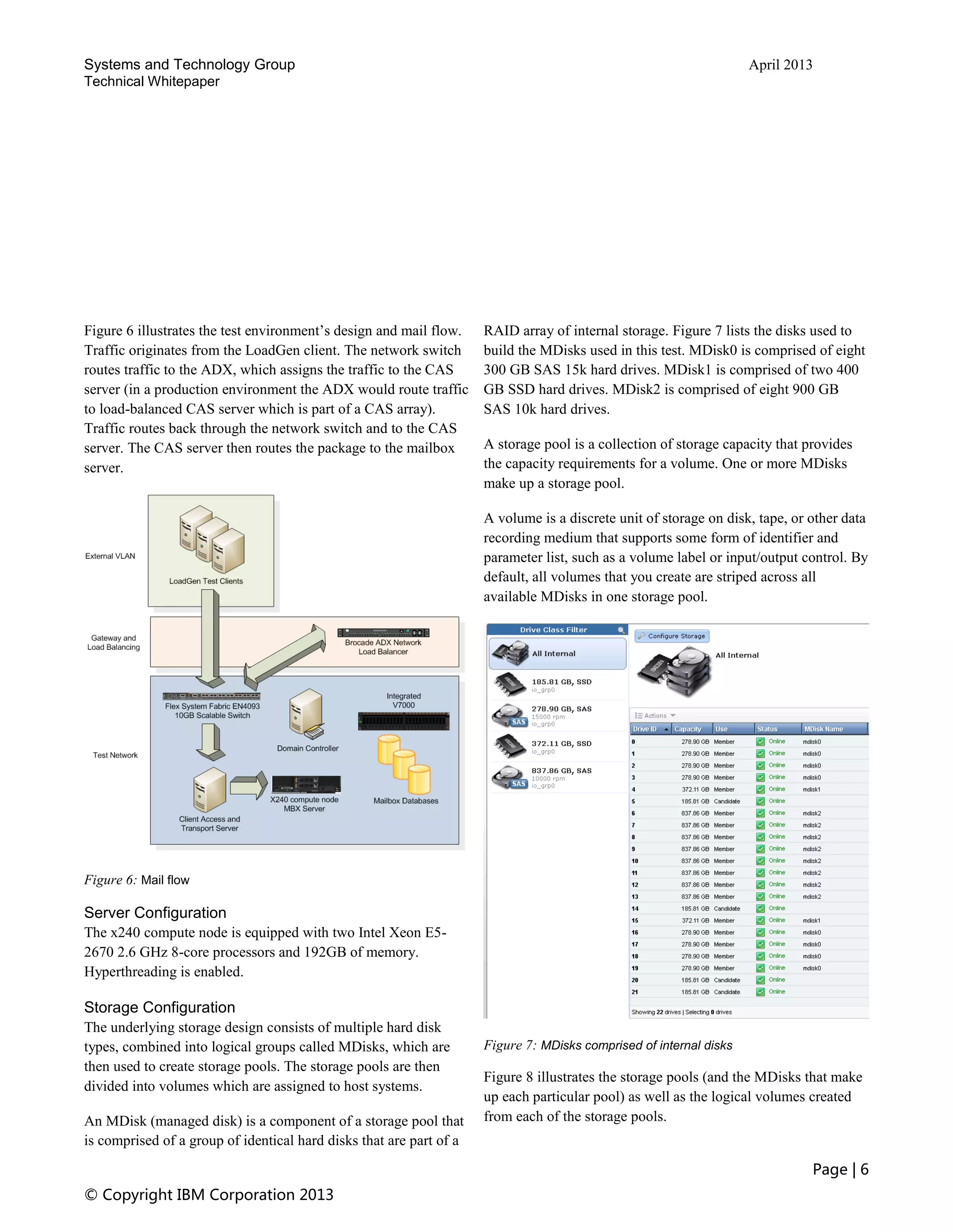 Systems and Technology Group April 2013
Technical Whitepaper
Page | 6
© Copyright IBM Corporation 2013
Figure 6 illustrates the test environment’s design and mail flow.
Traffic originates from the LoadGen client. The network switch
routes traffic to the ADX, which assigns the traffic to the CAS
server (in a production environment the ADX would route traffic
to load-balanced CAS server which is part of a CAS array).
Traffic routes back through the network switch and to the CAS
server. The CAS server then routes the package to the mailbox
server.
Figure 6: Mail flow
Server Configuration
The x240 compute node is equipped with two Intel Xeon E5-
2670 2.6 GHz 8-core processors and 192GB of memory.
Hyperthreading is enabled.
Storage Configuration
The underlying storage design consists of multiple hard disk
types, combined into logical groups called MDisks, which are
then used to create storage pools. The storage pools are then
divided into volumes which are assigned to host systems.
An MDisk (managed disk) is a component of a storage pool that
is comprised of a group of identical hard disks that are part of a
RAID array of internal storage. Figure 7 lists the disks used to
build the MDisks used in this test. MDisk0 is comprised of eight
300 GB SAS 15k hard drives. MDisk1 is comprised of two 400
GB SSD hard drives. MDisk2 is comprised of eight 900 GB
SAS 10k hard drives.
A storage pool is a collection of storage capacity that provides
the capacity requirements for a volume. One or more MDisks
make up a storage pool.
A volume is a discrete unit of storage on disk, tape, or other data
recording medium that supports some form of identifier and
parameter list, such as a volume label or input/output control. By
default, all volumes that you create are striped across all
available MDisks in one storage pool.
Figure 7: MDisks comprised of internal disks
Figure 8 illustrates the storage pools (and the MDisks that make
up each particular pool) as well as the logical volumes created
from each of the storage pools.
 