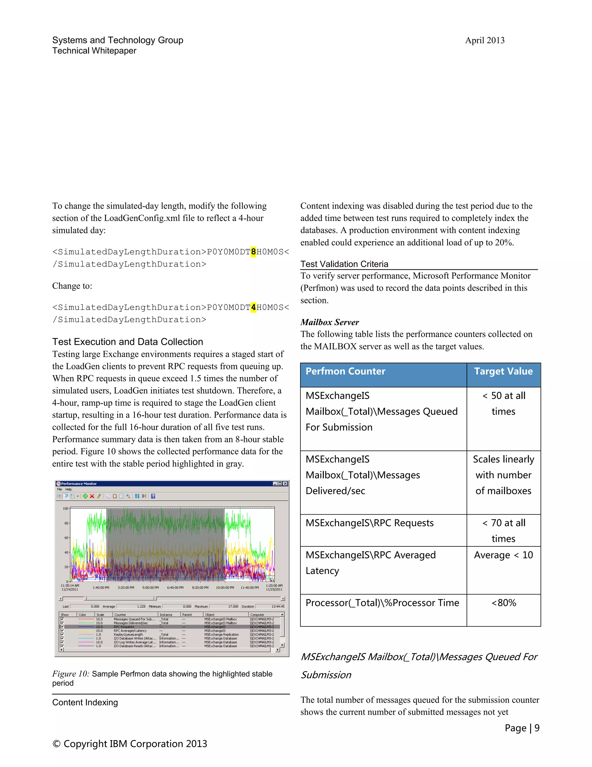 Systems and Technology Group April 2013
Technical Whitepaper
Page | 9
© Copyright IBM Corporation 2013
To change the simulated-day length, modify the following
section of the LoadGenConfig.xml file to reflect a 4-hour
simulated day:
<SimulatedDayLengthDuration>P0Y0M0DT8H0M0S<
/SimulatedDayLengthDuration>
Change to:
<SimulatedDayLengthDuration>P0Y0M0DT4H0M0S<
/SimulatedDayLengthDuration>
Test Execution and Data Collection
Testing large Exchange environments requires a staged start of
the LoadGen clients to prevent RPC requests from queuing up.
When RPC requests in queue exceed 1.5 times the number of
simulated users, LoadGen initiates test shutdown. Therefore, a
4-hour, ramp-up time is required to stage the LoadGen client
startup, resulting in a 16-hour test duration. Performance data is
collected for the full 16-hour duration of all five test runs.
Performance summary data is then taken from an 8-hour stable
period. Figure 10 shows the collected performance data for the
entire test with the stable period highlighted in gray.
Figure 10: Sample Perfmon data showing the highlighted stable
period
Content Indexing
Content indexing was disabled during the test period due to the
added time between test runs required to completely index the
databases. A production environment with content indexing
enabled could experience an additional load of up to 20%.
Test Validation Criteria
To verify server performance, Microsoft Performance Monitor
(Perfmon) was used to record the data points described in this
section.
Mailbox Server
The following table lists the performance counters collected on
the MAILBOX server as well as the target values.
Perfmon Counter Target Value
MSExchangeIS
Mailbox(_Total)Messages Queued
For Submission
< 50 at all
times
MSExchangeIS
Mailbox(_Total)Messages
Delivered/sec
Scales linearly
with number
of mailboxes
MSExchangeISRPC Requests < 70 at all
times
MSExchangeISRPC Averaged
Latency
Average < 10
Processor(_Total)%Processor Time <80%
MSExchangeIS Mailbox(_Total)Messages Queued For
Submission
The total number of messages queued for the submission counter
shows the current number of submitted messages not yet
 