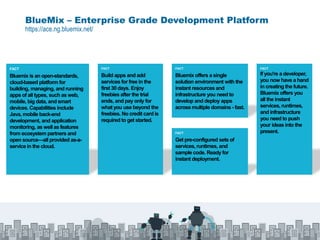 BlueMix – Enterprise Grade Development Platform
https://ace.ng.bluemix.net/
FACT
Bluemix offers a single
solution environment with the
instant resources and
infrastructure you need to
develop and deploy apps
across multiple domains - fast.
FACT
Bluemix is an open-standards,
cloud-based platform for
building, managing, and running
apps of all types, such as web,
mobile, big data, and smart
devices. Capabilities include
Java, mobile back-end
development, and application
monitoring, as well as features
from ecosystem partners and
open source—all provided as-a-
service in the cloud.
FACT
Build apps and add
services for free in the
first 30 days. Enjoy
freebies after the trial
ends, and pay only for
what you use beyond the
freebies. No credit card is
required to get started.
FACT
Get pre-configured sets of
services, runtimes, and
sample code. Ready for
instant deployment.
FACT
If you're a developer,
you now have a hand
in creating the future.
Bluemix offers you
all the instant
services, runtimes,
and infrastructure
you need to push
your ideas into the
present.
 