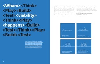 48
<Where><Think>
<Play><Build>
<Test><viability>
<Think><Play>
<happens><Build>
<Test><Think><Play>
<Build><Test>
Change the DNA of the way you work. Reimagine
the way you interact with customers and employees.
Do it by developing the models and processes that
enable transformation. Look at things differently
and learn new habits that become organizational
behaviors. Create the culture and the outcomes
that motivate people to engage and deliver. Fast.
Say you have a customer who needs to get from point A to
point B, and you decide to build them an MVP. You build your
prototype: a skateboard. Test it early, in real life, as soon as
it can meet that basic need. See what happens. What works,
what doesn’t. Ask your customer what they wish it could do.
Think some more—even play with removing the wheels. Build
features and functions that meet the next set of identified
needs. Test again. Get it back out there. By the time you’ve
got a bicycle, you might be meeting all your customer’s
requirements. But keep going. This iterative approach
means you keep learning from continual feedback that
surfaces the type of extra features and benefits that might
otherwise have been missed. If you jump straight to building
an expensive motorbike according to one fixed, pre-planned
design, you’ll likely end up with a product that could have been
so much more. And once you’ve spent all your budget, there’s
not much you can do to improve it.
The lesson? To build a better motorbike, faster,
start by building a skateboard.
Start small. Imagine.
Anything is possible.
Don’t be afraid to fall.
When you do, get straight back up.
Keep pushing. Keep pedaling.
Iterate. Iterate. Iterate.
Stay agile. Focus on the
journey. And stay ahead of the
competition at every turn.
 