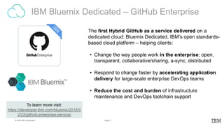 6Page© 2016 IBM Corporation
To learn more visit:
https://developer.ibm.com/bluemix/2016/0
2/22/github-enterprise-service/
IBM Bluemix Dedicated – GitHub Enterprise
The first Hybrid GitHub as a service delivered on a
dedicated cloud: Bluemix Dedicated, IBM’s open standards-
based cloud platform – helping clients:
• Change the way people work in the enterprise; open,
transparent, collaborative/sharing, a-sync, distributed
• Respond to change faster by accelerating application
delivery for large-scale enterprise DevOps teams
• Reduce the cost and burden of infrastructure
maintenance and DevOps toolchain support
 