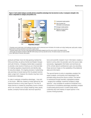Beyond access
products will likely move into fast-growing markets like
China and India, as well as Central and Eastern Europe
and Latin America. Emerging market data is expected
to provide a new source of revenue, as is financial data
for meeting regulatory requirements and identity data
for security analysis. An ongoing recovery in advertising
also promises to boost revenue from its present anemic
state. Longer term, however, the industry may face more
fundamental challenges.
In order to evaluate competitive advantage – now and
in the future – IBM has created a model defined by two
historical barriers to entry (see Figure 4). The first of
these barriers is created by proprietary source content,
which can include court rulings, breaking news, equity
quotes, company financial data, technical specifica-
Figure 4. Each content category currently derives competitive advantage from two barriers to entry. A company’s strength in the
future is dependent on category and portfolio mix.
Low
ProprietarysourcecontentA
Proprietary analysis B High
High
Low
Science,
medical and
technology
General news
and newswires C
US$8B US$19.4B
Constrained market position
Area of concern for
information commoditization
US$13.8B
A
Proprietary source content refers to the foundational information used for professional service information; this includes court rulings, breaking news, equity quotes, company
financial returns, technical specifications and scientific research results.
B
Proprietary analysis refers to the level of with analysis/editorial/interpretation wrapped around the source content for the average customer.
C
General news and newswires estimated at US$2.5M-3.5M including only the top subscriber services. All market size data is as of year end 2003.
Source: IBM Institute for Business Value analysis.
Financial
Business,
trade
Legal and
regulatory
US$17.7B
US$11B
Strongest market position
Relatively strong position,
reliance on analysis
tions and scientific research. Such information creates a
barrier to entry when the provider owns the source data
exclusively. Aggregated information and archives are
of the utmost value to professional users, but providing
these services hinges on the availability of foundational
data and information.
The second barrier to entry is proprietary analysis, the
expert analysis, commentary and interpretation that
providers wrap around the source content. This barrier
is maintained through branded, copyrighted analysis
– ranging from strategic investment analysis to legal
opinions – that competes for audience mindshare. As a
component of competitive advantage, proprietary analysis
is particularly pronounced in content areas where
customers rely more heavily on expert opinion in the
course of doing business.
Marketing
 