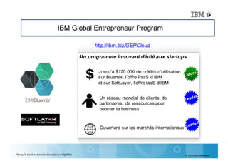 ©	2014	IBM	Corporation
IBM Global Entrepreneur Program
Un programme innovant dédié aux startups
Jusqu’à $120 000 de crédits d’utilisation
sur Bluemix, l’offre PaaS d’IBM
et sur SoftLayer, l’offre IaaS d’IBM
Un réseau mondial de clients, de
partenaires, de ressources pour
booster le business
Ouverture sur les marchés internationaux
*jusqu’à $120K en fonction des critèresd’éligibilité
http://ibm.biz/GEPCloud
 