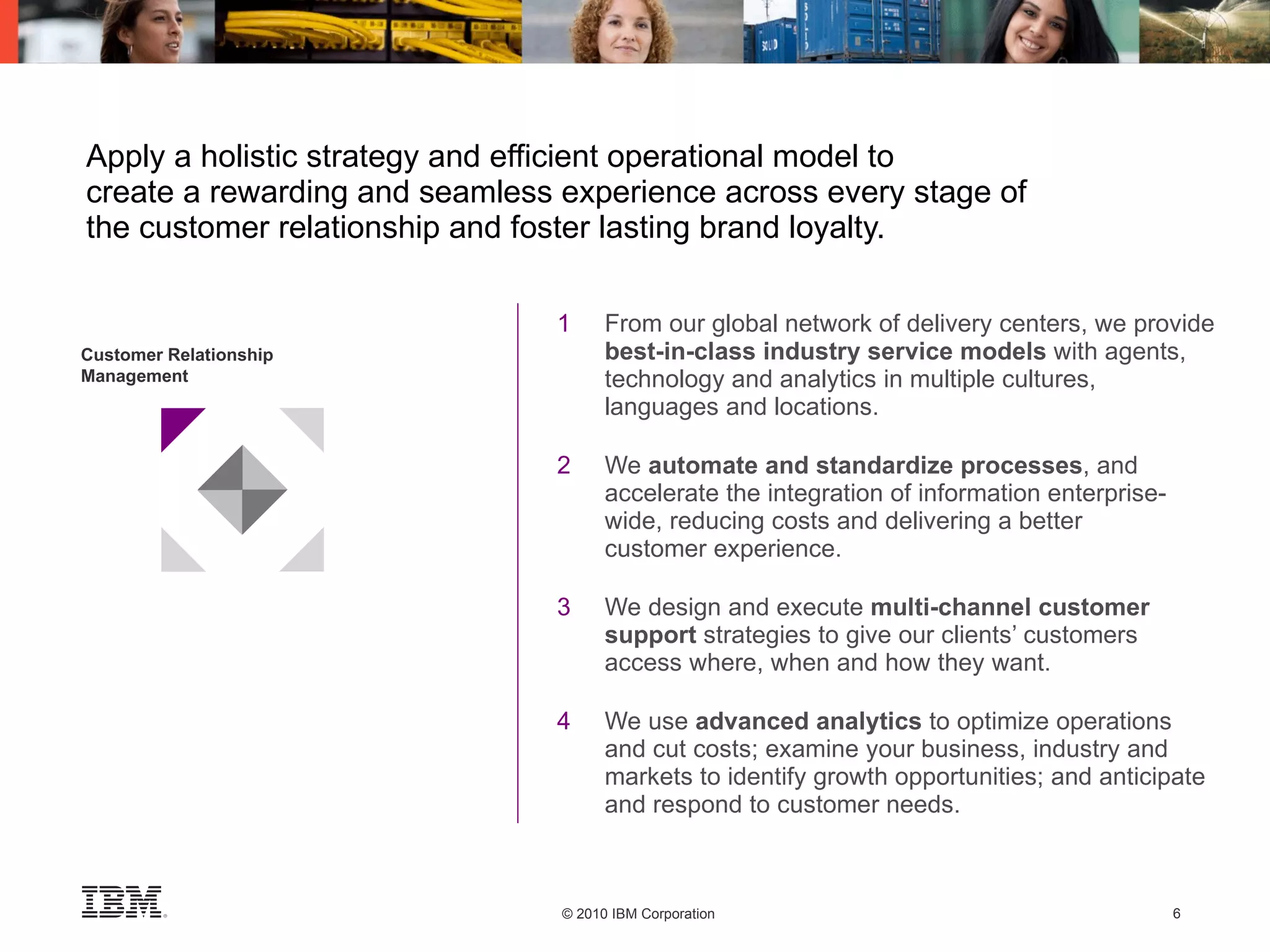 Apply a holistic strategy and efficient operational model to create a rewarding and seamless experience across every stage of the customer relationship and foster lasting brand loyalty. 1 From our global network of delivery centers, we provide  best-in-class industry service models  with agents, technology and analytics in multiple cultures, languages and locations. 2 We  automate and standardize processes , and  accelerate the integration of information enterprise- wide, reducing costs and delivering a better  customer experience. 3 We design and execute  multi-channel customer  support  strategies to give our clients’ customers  access where, when and how they want. 4 We use  advanced analytics  to optimize operations and cut costs; examine your business, industry and markets to identify growth opportunities; and anticipate and respond to customer needs. Customer Relationship Management 