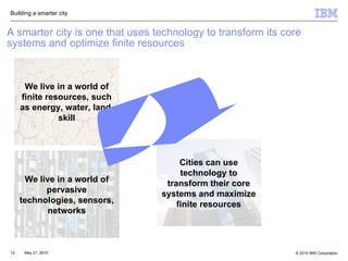A smarter city is one that uses technology to transform its core systems and optimize finite resources We live in a world of pervasive technologies, sensors, networks We live in a world of finite resources, such as energy, water, land, skill Cities can use technology to transform their core systems and maximize finite resources Building a smarter city A Vision for Smarter Cities  | July  2009 