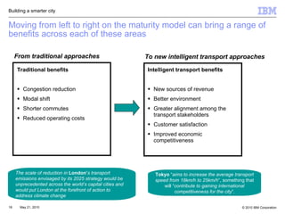 Moving from left to right on the maturity model can bring a range of benefits across each of these areas Traditional benefits Congestion reduction Modal shift Shorter commutes Reduced operating costs Intelligent transport benefits New sources of revenue Better environment Greater alignment among the transport stakeholders Customer satisfaction Improved economic competitiveness  Tokyo  “ aims to increase the average transport speed from 18km/h to 25km/h ”, something that will “ contribute to gaining international competitiveness for the city ”. From traditional approaches   To new intelligent transport approaches   The scale of reduction in  London’ s transport emissions envisaged by its 2025 strategy would be unprecedented across the world’s capital cities and would put London at the forefront of action to address climate change Building a smarter city 