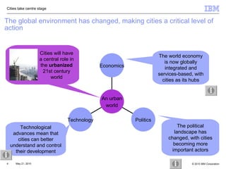 The global environment has changed, making cities a critical level of action Cities will have a central role in the  urbanized  21st century world The world economy   is now   globally integrated and services-based, with cities as its hubs Technological advances mean that cities can better understand and control their development Cities take centre stage A Vision for Smarter Cities  | July  2009 Technology Politics Economics An urban world The political   landscape has changed, with cities becoming more important actors 