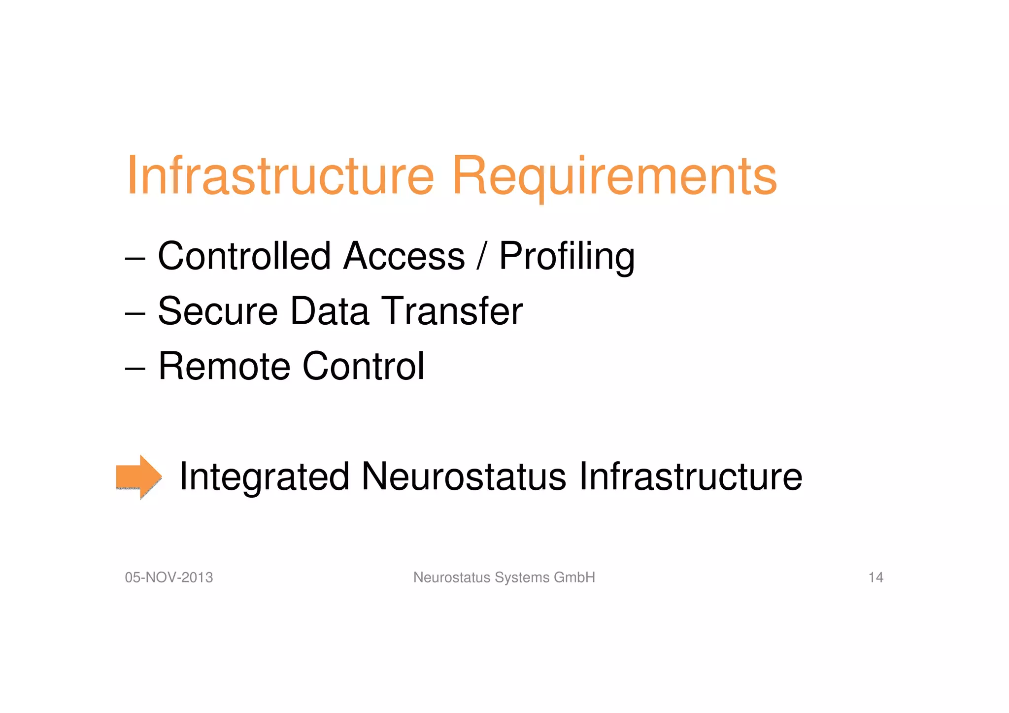 Infrastructure Requirements
− Controlled Access / Profiling
− Secure Data Transfer
− Remote Control
Integrated Neurostatus Infrastructure
05-NOV-2013

Neurostatus Systems GmbH

14

 