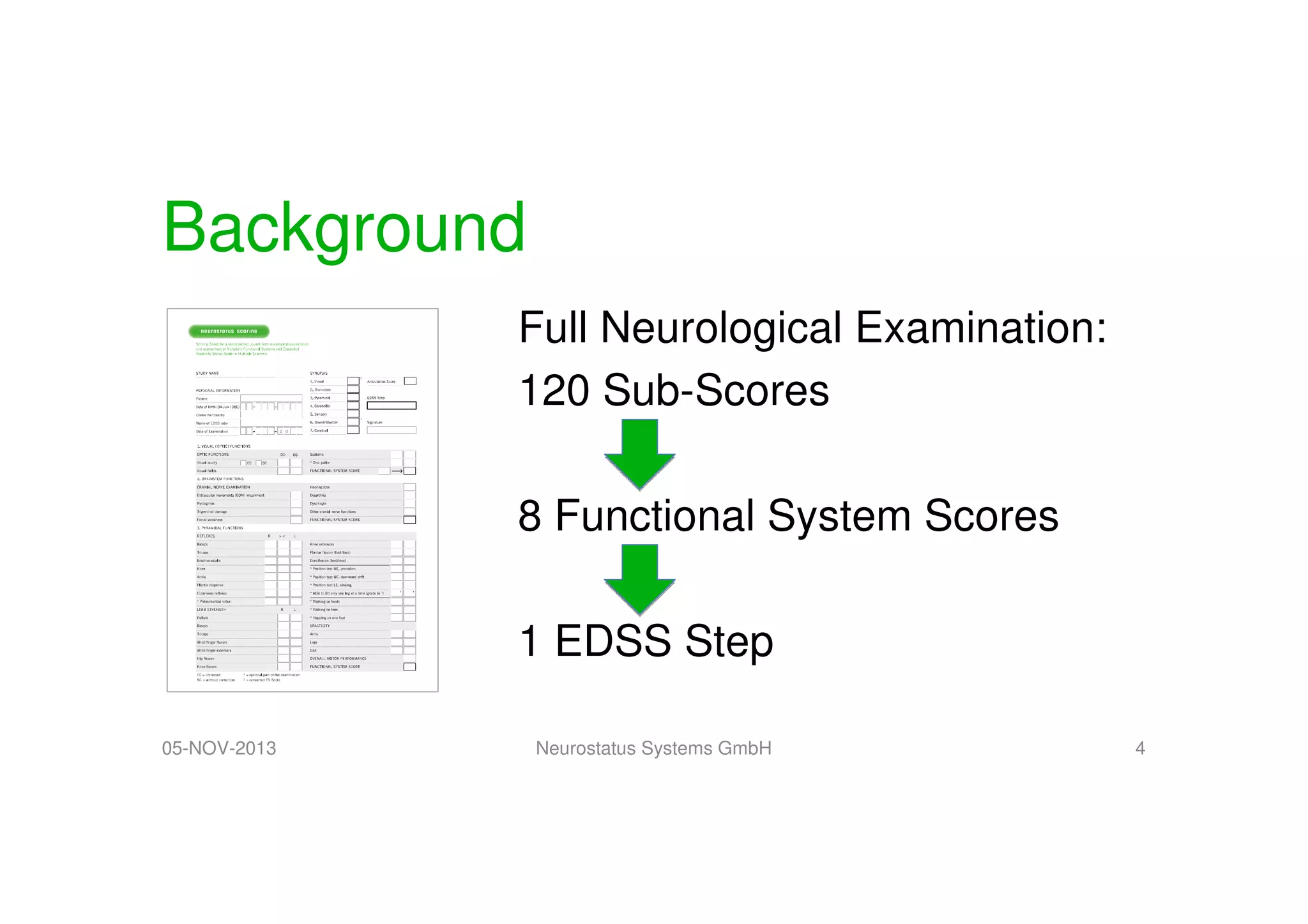 Background
Full Neurological Examination:
120 Sub-Scores
8 Functional System Scores
1 EDSS Step
05-NOV-2013

Neurostatus Systems GmbH

4

 