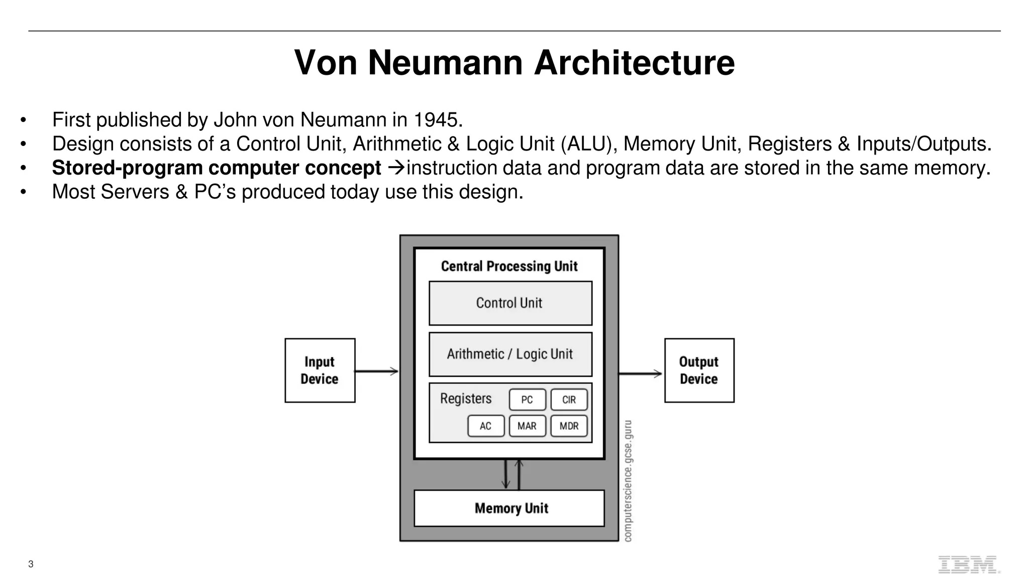 3
Von Neumann Architecture
• First published by John von Neumann in 1945.
• Design consists of a Control Unit, Arithmetic & Logic Unit (ALU), Memory Unit, Registers & Inputs/Outputs.
• Stored-program computer concept instruction data and program data are stored in the same memory.
• Most Servers & PC’s produced today use this design.
 