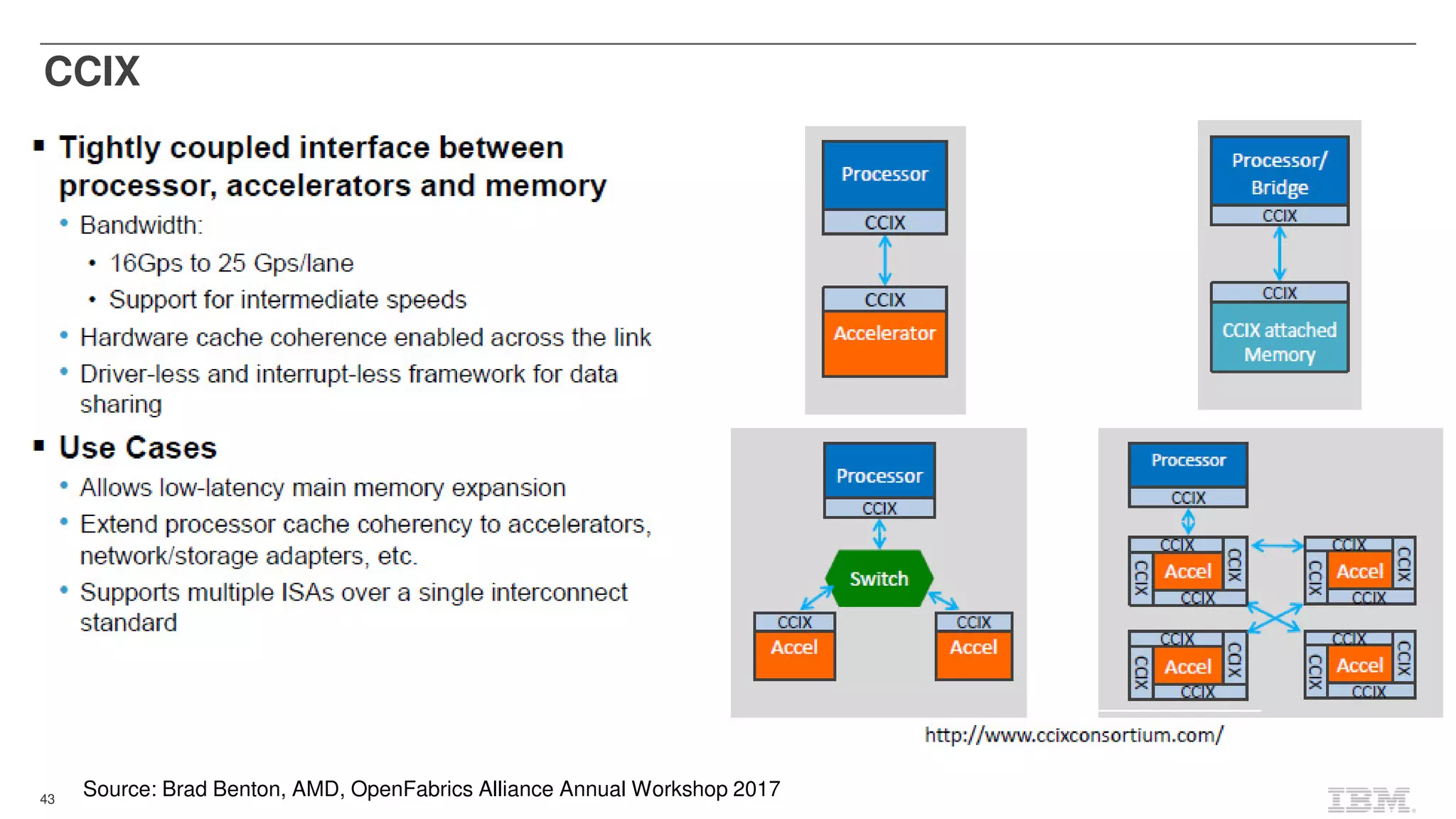 43
CCIX
Source: Brad Benton, AMD, OpenFabrics Alliance Annual Workshop 2017
 