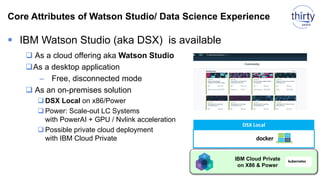 Core Attributes of Watson Studio/ Data Science Experience
 IBM Watson Studio (aka DSX) is available
 As a cloud offering aka Watson Studio
As a desktop application
– Free, disconnected mode
 As an on-premises solution
 DSX Local on x86/Power
 Power: Scale-out LC Systems
with PowerAI + GPU / Nvlink acceleration
 Possible private cloud deployment
with IBM Cloud Private
IBM Cloud Private
on X86 & Power
DSX Local
docker
kubernetes
 