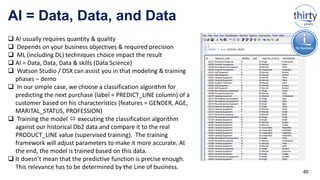 AI = Data, Data, and Data
40
 AI usually requires quantity & quality
 Depends on your business objectives & required precision
 ML (including DL) techniques choice impact the result
 AI = Data, Data, Data & skills (Data Science)
 Watson Studio / DSX can assist you in that modeling & training
phases – demo
 In our simple case, we choose a classification algorithm for
predicting the next purchase (label = PREDICT_LINE column) of a
customer based on his characteristics (features = GENDER, AGE,
MARITAL_STATUS, PROFESSION)
 Training the model  executing the classification algorithm
against our historical Db2 data and compare it to the real
PRODUCT_LINE value (supervised training). The training
framework will adjust parameters to make it more accurate. At
the end, the model is trained based on this data.
 It doesn’t mean that the predictive function is precise enough.
This relevance has to be determined by the Line of business.
 