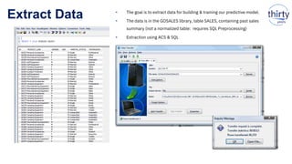 Extract Data  The goal is to extract data for building & training our predictive model.
 The data is in the GOSALES library, table SALES, containing past sales
summary (not a normalized table: requires SQL Preprocessing)
 Extraction using ACS & SQL
 