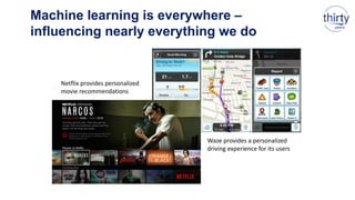 Machine learning is everywhere –
influencing nearly everything we do
Netflix provides personalized
movie recommendations
Waze provides a personalized
driving experience for its users
 