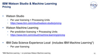 IBM Watson Studio & Machine Learning
Pricing
 Watson Studio
• Per user licensing + Processing Units
• https://www.ibm.com/cloud/watson-studio/pricing
 Watson Machine Learning
• Per prediction licensing + Processing Units
• https://www.ibm.com/cloud/machine-learning/pricing
 IBM Data Science Experience Local (includes IBM Machine Learning*)
• Per user licensing
*IBM Machine Learning = on premises Watson Machine Learning 72
 