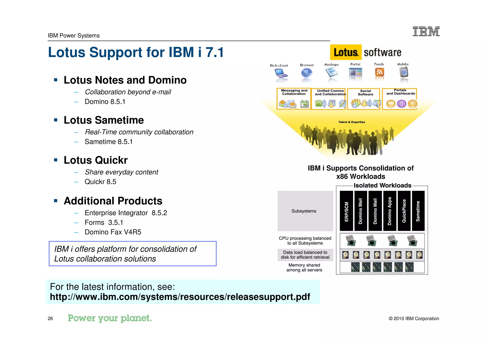 IBM Power Systems


Lotus Support for IBM i 7.1
       Lotus Notes and Domino
           – Collaboration beyond e-mail
           – Domino 8.5.1

       Lotus Sametime
           – Real-Time community collaboration
           – Sametime 8.5.1

       Lotus Quickr
                                                      IBM i Supports Consolidation of
           – Share everyday content
                                                              x86 Workloads
           – Quickr 8.5

       Additional Products
           – Enterprise Integrator 8.5.2
           – Forms 3.5.1
           – Domino Fax V4R5

     IBM i offers platform for consolidation of
     Lotus collaboration solutions


For the latest information, see:
http://www.ibm.com/systems/resources/releasesupport.pdf

26                                                                           © 2010 IBM Corporation
 