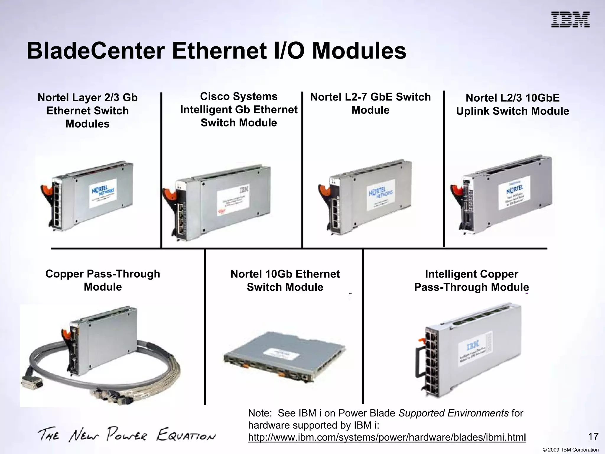 BladeCenter Ethernet I/O Modules
Nortel Layer 2/3 Gb        Cisco Systems         Nortel L2-7 GbE Switch         Nortel L2/3 10GbE
 Ethernet Switch       Intelligent Gb Ethernet           Module                Uplink Switch Module
     Modules               Switch Module




 Copper Pass-Through            Nortel 10Gb Ethernet                    Intelligent Copper
       Module                     Switch Module                       Pass-Through Module




                                    Note: See IBM i on Power Blade Supported Environments for
                                    hardware supported by IBM i:
                                    http://www.ibm.com/systems/power/hardware/blades/ibmi.html                    17
                                                                                                 © 2009 IBM Corporation
 