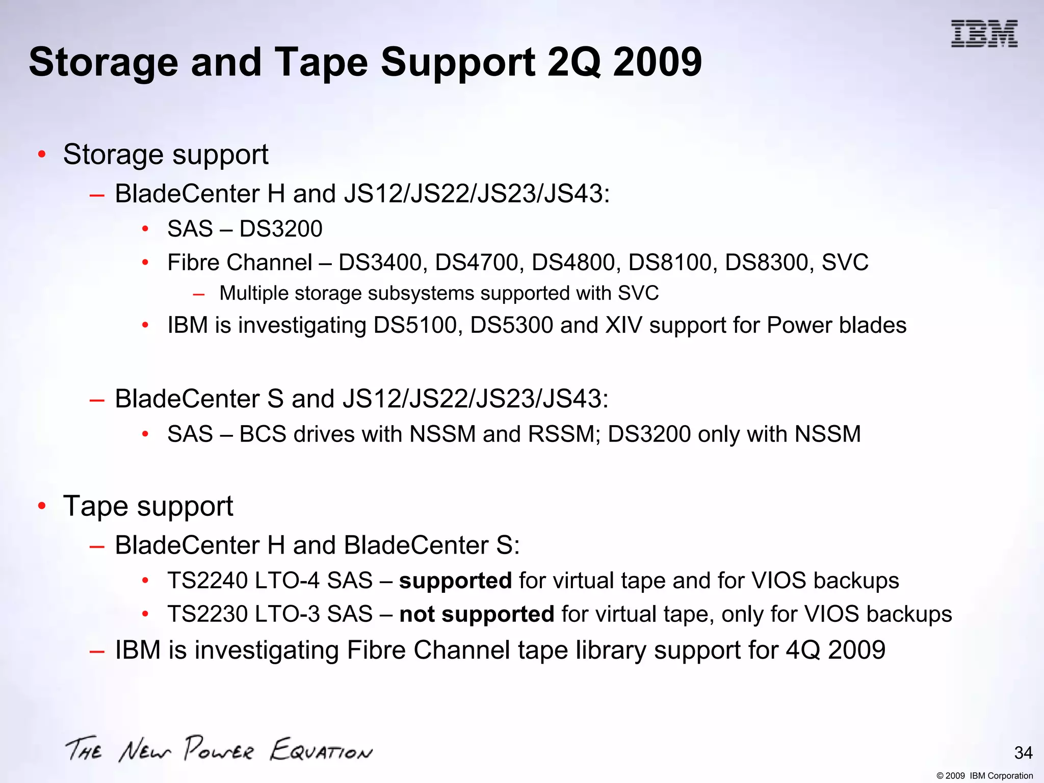 Storage and Tape Support 2Q 2009

• Storage support
   – BladeCenter H and JS12/JS22/JS23/JS43:
       • SAS – DS3200
       • Fibre Channel – DS3400, DS4700, DS4800, DS8100, DS8300, SVC
           – Multiple storage subsystems supported with SVC
       • IBM is investigating DS5100, DS5300 and XIV support for Power blades


   – BladeCenter S and JS12/JS22/JS23/JS43:
       • SAS – BCS drives with NSSM and RSSM; DS3200 only with NSSM


• Tape support
   – BladeCenter H and BladeCenter S:
       • TS2240 LTO-4 SAS – supported for virtual tape and for VIOS backups
       • TS2230 LTO-3 SAS – not supported for virtual tape, only for VIOS backups
   – IBM is investigating Fibre Channel tape library support for 4Q 2009


                                                                                                 34
                                                                                © 2009 IBM Corporation
 