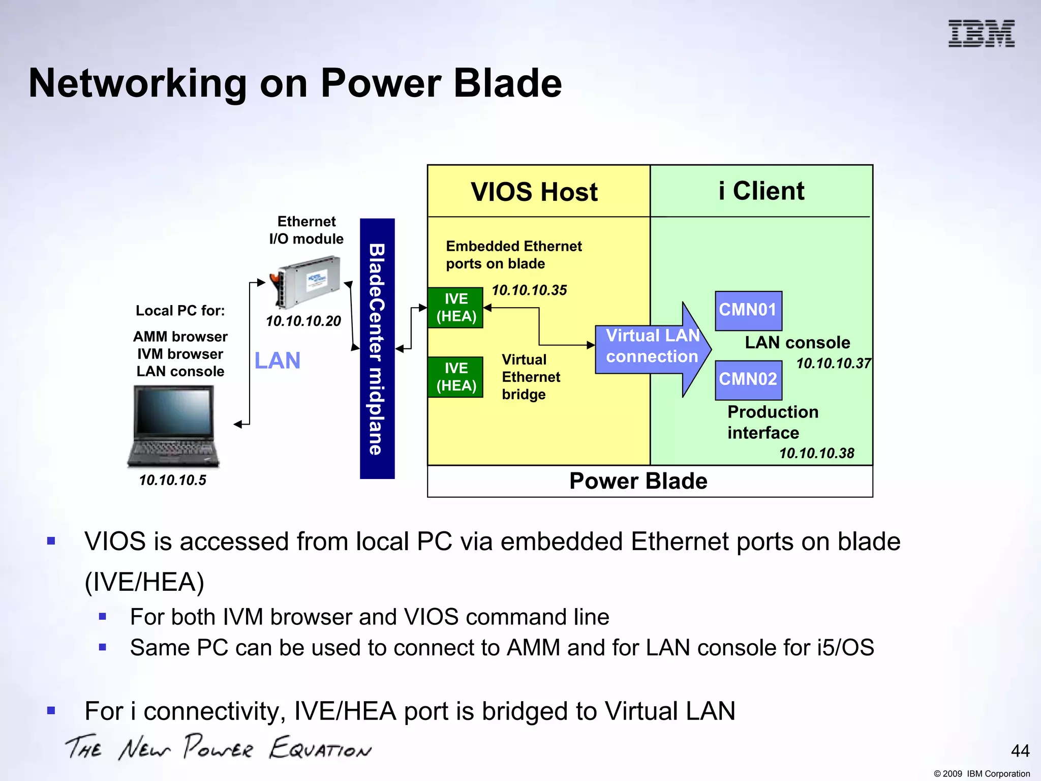 Networking on Power Blade

                                                               VIOS Host                         i Client
                        Ethernet
                      I/O module
                                                            Embedded Ethernet




                                    BladeCenter midplane
                                                            ports on blade
                                                                   10.10.10.35
                                                            IVE
      Local PC for:                                        (HEA)                                 CMN01
                      10.10.10.20
      AMM browser                                                                  Virtual LAN     LAN console
      IVM browser                                                                  connection
      LAN console
                      LAN                                   IVE
                                                                    Virtual                                10.10.10.37
                                                                    Ethernet                     CMN02
                                                           (HEA)
                                                                    bridge
        IVE
                                                                                                 Production
                                                                                                 interface
                                                                                                         10.10.10.38
      10.10.10.5                                                                 Power Blade

  VIOS is accessed from local PC via embedded Ethernet ports on blade
  (IVE/HEA)
      For both IVM browser and VIOS command line
      Same PC can be used to connect to AMM and for LAN console for i5/OS

  For i connectivity, IVE/HEA port is bridged to Virtual LAN
                                                                                                                                          44
                                                                                                                         © 2009 IBM Corporation
 