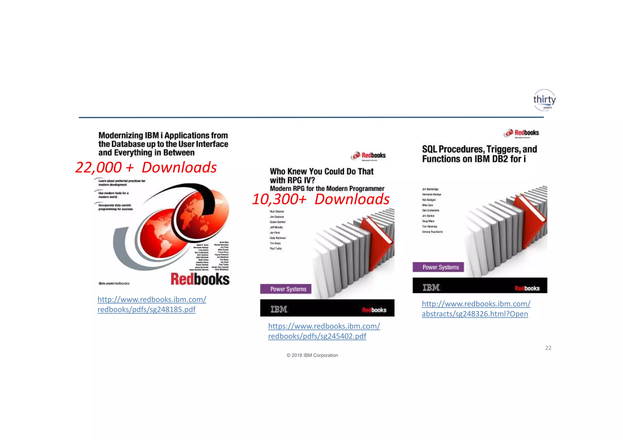 © 2018 IBM Corporation
22
http://www.redbooks.ibm.com/
redbooks/pdfs/sg248185.pdf
22,000 + Downloads
10,300+ Downloads
https://www.redbooks.ibm.com/
redbooks/pdfs/sg245402.pdf
http://www.redbooks.ibm.com/
abstracts/sg248326.html?Open
 