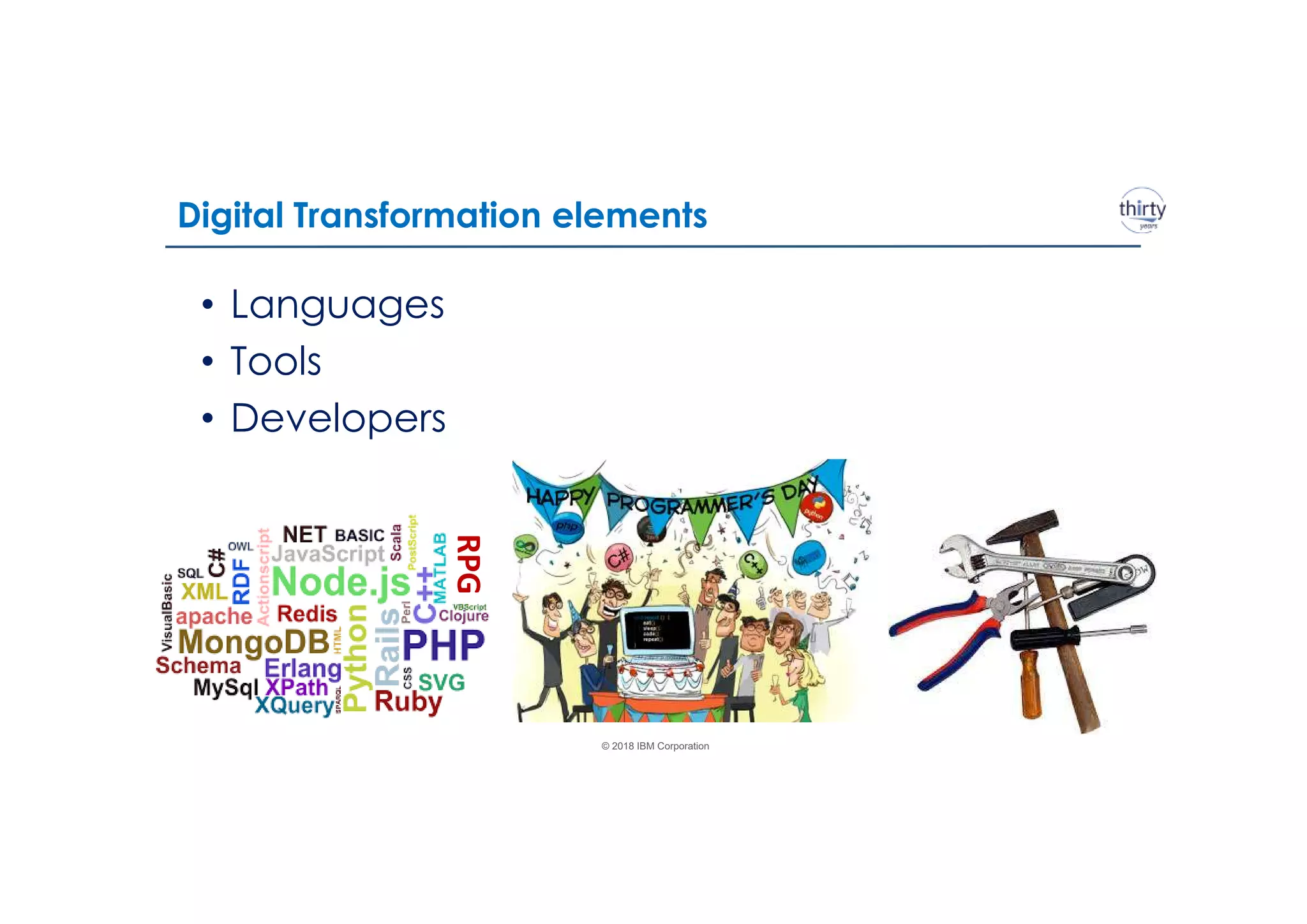 © 2018 IBM Corporation
Digital Transformation elements
• Languages
• Tools
• Developers
RPG
 