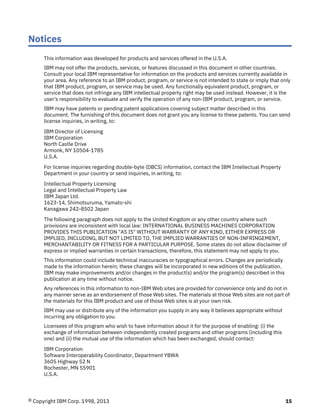 Notices
This information was developed for products and services offered in the U.S.A.
IBM may not offer the products, services, or features discussed in this document in other countries.
Consult your local IBM representative for information on the products and services currently available in
your area. Any reference to an IBM product, program, or service is not intended to state or imply that only
that IBM product, program, or service may be used. Any functionally equivalent product, program, or
service that does not infringe any IBM intellectual property right may be used instead. However, it is the
user's responsibility to evaluate and verify the operation of any non-IBM product, program, or service.
IBM may have patents or pending patent applications covering subject matter described in this
document. The furnishing of this document does not grant you any license to these patents. You can send
license inquiries, in writing, to:
IBM Director of Licensing
IBM Corporation
North Castle Drive
Armonk, NY 10504-1785
U.S.A.
For license inquiries regarding double-byte (DBCS) information, contact the IBM Intellectual Property
Department in your country or send inquiries, in writing, to:
Intellectual Property Licensing
Legal and Intellectual Property Law
IBM Japan Ltd.
1623-14, Shimotsuruma, Yamato-shi
Kanagawa 242-8502 Japan
The following paragraph does not apply to the United Kingdom or any other country where such
provisions are inconsistent with local law: INTERNATIONAL BUSINESS MACHINES CORPORATION
PROVIDES THIS PUBLICATION "AS IS" WITHOUT WARRANTY OF ANY KIND, EITHER EXPRESS OR
IMPLIED, INCLUDING, BUT NOT LIMITED TO, THE IMPLIED WARRANTIES OF NON-INFRINGEMENT,
MERCHANTABILITY OR FITNESS FOR A PARTICULAR PURPOSE. Some states do not allow disclaimer of
express or implied warranties in certain transactions, therefore, this statement may not apply to you.
This information could include technical inaccuracies or typographical errors. Changes are periodically
made to the information herein; these changes will be incorporated in new editions of the publication.
IBM may make improvements and/or changes in the product(s) and/or the program(s) described in this
publication at any time without notice.
Any references in this information to non-IBM Web sites are provided for convenience only and do not in
any manner serve as an endorsement of those Web sites. The materials at those Web sites are not part of
the materials for this IBM product and use of those Web sites is at your own risk.
IBM may use or distribute any of the information you supply in any way it believes appropriate without
incurring any obligation to you.
Licensees of this program who wish to have information about it for the purpose of enabling: (i) the
exchange of information between independently created programs and other programs (including this
one) and (ii) the mutual use of the information which has been exchanged, should contact:
IBM Corporation
Software Interoperability Coordinator, Department YBWA
3605 Highway 52 N
Rochester, MN 55901
U.S.A.
© Copyright IBM Corp. 1998, 2013 15
 
