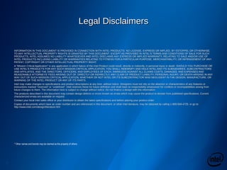 Legal DisclaimersLegal Disclaimers
Baseline Configuration and Score on Server-Side Java* Energy Efficiency benchmark: Intel® Server Board S2600CP platform with two Intel® Xeon® Processor E5-2690 (2.9GHz, 8-core , 20MB L3 cache,
8.0GT/s, 135W), Hardware Prefetcher: Disabled; MLC Spatial Prefetcher: Disabled, DCU Streamer: Disabled; DCU IP: Enabled; Balanced Perf Mode, 32GB memory (8 x 4GB DDR3L-1600 ECC REG),
Microsoft* Windows Server 2008 R2 SP1, IBM J9 VM 1.7.0. Score: 4,033. Source: Intel TR#1299 as of 12 Aug 2013.
New Configuration and Score on Server-Side Java* Energy Efficiency benchmark: Intel® Server Board S2600CP platform with two Intel® Xeon® Processor E5-2697 v2 (2.7GHz, 12-core, 30MB L3 cache,
8.0GT/s, 130W, C0-stepping), Hardware Prefetcher: Disabled; MLC Spatial Prefetcher: Disabled, DCU Streamer: Disabled; DCU IP: Enabled; Hyper-threading: Enabled; Turbo: Enabled; Balanced Perf
Mode, 32GB memory (8 x 4GB DDR3L-1600 ECC REG), Microsoft* Windows Server 2008 R2 SP1, IBM J9 VM 1.7.0. Score : 5,670. Source: Intel TR#1299 as of 12 Aug 2013.
Baseline Configuration and Score on SPECpower*_ssj2008 benchmark: IBM System x3650 M2Baseline Configuration and Score on SPECpower*_ssj2008 benchmark: IBM System x3650 M2 withwith two Intel® Xeon® Processortwo Intel® Xeon® Processor X5570 (2.93 GHz, 4-core, 8MB L3 cache,X5570 (2.93 GHz, 4-core, 8MB L3 cache, 6.4 GT/s,6.4 GT/s, 95W)95W),, 8GB memory (48GB memory (4
x 2048MB DDR3-10600R CL9 ECC), 32 GB SATA SSD, Microsoft* Windows Server 2008 Enterprise Edition x64 SP1, IBM J9 VM (build 2.4, J2RE 1.6.0 IBM J9 2.4 Windows Server 2008 amd64-64 jvmx 2048MB DDR3-10600R CL9 ECC), 32 GB SATA SSD, Microsoft* Windows Server 2008 Enterprise Edition x64 SP1, IBM J9 VM (build 2.4, J2RE 1.6.0 IBM J9 2.4 Windows Server 2008 amd64-64 jvm
pwa6460sr5-20090406_01(SR5) (JIT enabled, AOT enabled). Source:pwa6460sr5-20090406_01(SR5) (JIT enabled, AOT enabled). Source: http://www.spec.org/power_ssj2008/results/res2009q2/power_ssj2008-20090519-00165.html as of June 2009http://www.spec.org/power_ssj2008/results/res2009q2/power_ssj2008-20090519-00165.html as of June 2009. Score:1,977. Score:1,977
New Configuration and Score on Server-Side Java* Energy Efficiency benchmark: Intel® Server Board S2600CP platform with two Intel® Xeon® Processor E5-2697 v2 (2.7GHz, 12-core, 30MB L3 cache,
8.0GT/s, 130W, C0-stepping), Hardware Prefetcher: Disabled; MLC Spatial Prefetcher: Disabled, DCU Streamer: Disabled; DCU IP: Enabled; Hyper-threading: Enabled; Turbo: Enabled; Balanced Perf
Mode, 32GB memory (8 x 4GB DDR3L-1600 ECC REG), Microsoft* Windows Server 2008 R2 SP1, IBM J9 VM 1.7.0. Score : 5,670. Source: Intel TR#1299 as of 12 Aug 2013.
Baseline Configuration and Score on SPECint*rate_base2006 Benchmark: BL265 using two Intel® Xeon® Processor X5570 (2.93 GHz, 4-core, 8MB L3 cache, 6.4 GT/s, 95W), 48GB memory (12x 4GB
2Rx4 PC3-10600R-9, ECC), 73 GB SAS 10 K RPM, SUSE Linux Enterprise Server 11 (x86_64) SP1, Kernel 2.6.32.12-0.7-default. Compiler version: Intel C++ Compiler XE for applications running on IA-32
Version 12.0.1.116 Build 20101116. Source: http://www.spec.org/cpu2006/results/res2011q1/cpu2006-20110215-14599.html as of Feb 2011. Score: 264.
New Configuration and Score on SPECint*rate_base2006 Benchmark: Intel® Server Board S2600CP platform with two Intel® Xeon® Processor E5-2697 v2 (2.7GHz, 12-core, 30MB L3 cache, 8.0GT/s,
130W, C0-stepping) , EIST Enabled, Turbo Boost enabled, Hyper-Threading Enabled, 128GB memory (8x16GB DDR3-1866), Red Hat* Enterprise Linux Server 6.3. CPU2006-1.2 with Intel compiler IC13.1
Source Intel TR#1270 as of 11 June 2013. Estimated Score: 906.
Baseline Configuration and Score on Benchmark: Intel® Server Board S2600GL platform with two Intel® Xeon® Processor E5-2690 (2.9GHz, 8-core, 20MB L3 cache, 8.0GT/s, 135W, C2-stepping),
Virtualization Technology Enabled, Turbo Enabled, HT Enabled, NUMA Enabled, MLC Spatial Prefetcher Enabled, DCU Data Line Prefetcher Enabled, 256GB memory (16x 16GB DDR3-1333 DR REG
ECC), 128GB SATA SSD, ESXi4.1u1 (build 348481). Source: Intel TR#1359 as of 24 July 2013. Score: 1723 @ 108VMs.
New Configuration and Score on Benchmark: Intel® Server Board S2600CP platform with two Intel® Xeon® Processor E5-2697 v2 (2.7GHz, 12-core, 30MB L3 cache, 8.0GT/s, 130W, C0-stepping),
Virtualization Technology Enabled, Turbo Enabled, HT Enabled, NUMA Enabled, MLC Spatial Prefetcher Enabled, DCU Data Line Prefetcher Enabled, 256GB memory (16x 16GB DDR3-1866 DR REG
ECC), 128GB SATA SSD, ESXi 5.1(build 799733). Source: Intel TR#1359 as of 24 July 2013. Score: 2246 @ 144VMs
 