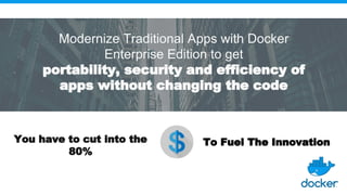 Modernize Traditional Apps with Docker
Enterprise Edition to get
portability, security and efficiency of
apps without changing the code
You have to cut into the
80%
To Fuel The Innovation
 