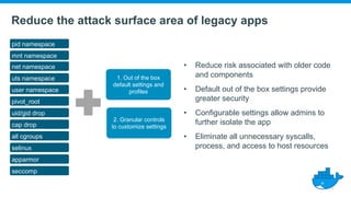 Reduce the attack surface area of legacy apps
• Reduce risk associated with older code
and components
• Default out of the box settings provide
greater security
• Configurable settings allow admins to
further isolate the app
• Eliminate all unnecessary syscalls,
process, and access to host resources
pid namespace
mnt namespace
net namespace
uts namespace
user namespace
pivot_root
uid/gid drop
cap drop
all cgroups
selinux
apparmor
seccomp
1. Out of the box
default settings and
profiles
2. Granular controls
to customize settings
 