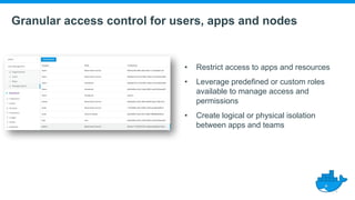 Granular access control for users, apps and nodes
• Restrict access to apps and resources
• Leverage predefined or custom roles
available to manage access and
permissions
• Create logical or physical isolation
between apps and teams
 
