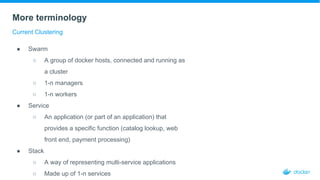 More terminology
Current Clustering
● Swarm
○ A group of docker hosts, connected and running as
a cluster
○ 1-n managers
○ 1-n workers
● Service
○ An application (or part of an application) that
provides a specific function (catalog lookup, web
front end, payment processing)
● Stack
○ A way of representing multi-service applications
○ Made up of 1-n services
 