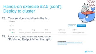 12. Your service should be in the list:
13. Click on it, and then the URL under
“Published Endpoints” on the right:
Hands-on exercise #2.5 (cont’):
Deploy to cluster
 