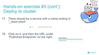 17. There should be a service with a name ending in
“_react-client”
18. Click on it, and then the URL under
“Published Endpoints” on the right:
Hands-on exercise #3 (cont’):
Deploy to cluster
 