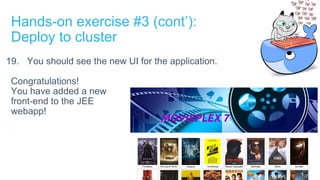 19. You should see the new UI for the application.
Congratulations!
You have added a new
front-end to the JEE
webapp!
Hands-on exercise #3 (cont’):
Deploy to cluster
 