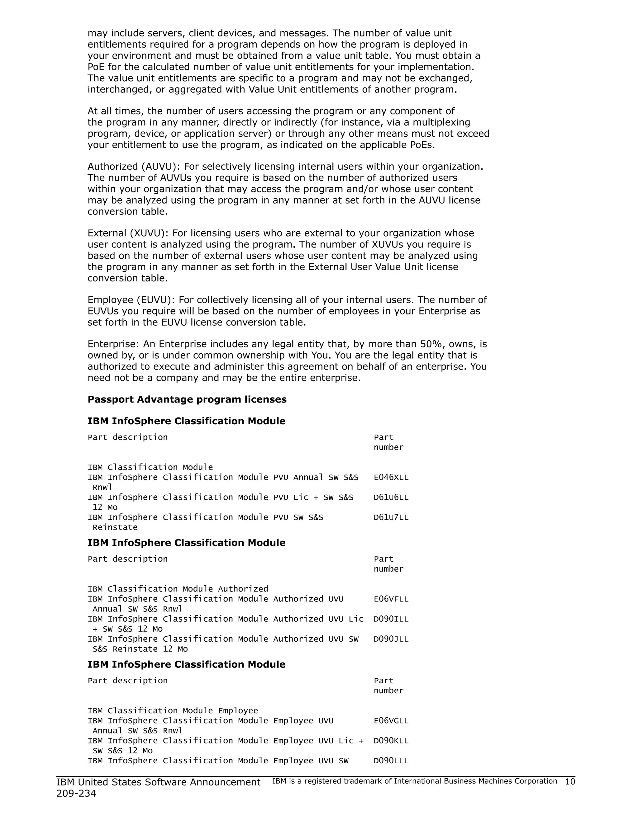 may include servers, client devices, and messages. The number of value unit
     entitlements required for a program depends on how the program is deployed in
     your environment and must be obtained from a value unit table. You must obtain a
     PoE for the calculated number of value unit entitlements for your implementation.
     The value unit entitlements are specific to a program and may not be exchanged,
     interchanged, or aggregated with Value Unit entitlements of another program.

     At all times, the number of users accessing the program or any component of
     the program in any manner, directly or indirectly (for instance, via a multiplexing
     program, device, or application server) or through any other means must not exceed
     your entitlement to use the program, as indicated on the applicable PoEs.

     Authorized (AUVU): For selectively licensing internal users within your organization.
     The number of AUVUs you require is based on the number of authorized users
     within your organization that may access the program and/or whose user content
     may be analyzed using the program in any manner at set forth in the AUVU license
     conversion table.

     External (XUVU): For licensing users who are external to your organization whose
     user content is analyzed using the program. The number of XUVUs you require is
     based on the number of external users whose user content may be analyzed using
     the program in any manner as set forth in the External User Value Unit license
     conversion table.

     Employee (EUVU): For collectively licensing all of your internal users. The number of
     EUVUs you require will be based on the number of employees in your Enterprise as
     set forth in the EUVU license conversion table.

     Enterprise: An Enterprise includes any legal entity that, by more than 50%, owns, is
     owned by, or is under common ownership with You. You are the legal entity that is
     authorized to execute and administer this agreement on behalf of an enterprise. You
     need not be a company and may be the entire enterprise.

     Passport Advantage program licenses

     IBM InfoSphere Classification Module
     Part description                                                  Part
                                                                       number

     IBM Classification Module
     IBM InfoSphere Classification Module PVU Annual SW S&S            E046XLL
      Rnwl
     IBM InfoSphere Classification Module PVU Lic + SW S&S             D61U6LL
      12 Mo
     IBM InfoSphere Classification Module PVU SW S&S                   D61U7LL
      Reinstate
     IBM InfoSphere Classification Module
     Part description                                                  Part
                                                                       number

     IBM Classification Module Authorized
     IBM InfoSphere Classification Module Authorized UVU               E06VFLL
      Annual SW S&S Rnwl
     IBM InfoSphere Classification Module Authorized UVU Lic           D090ILL
      + SW S&S 12 Mo
     IBM InfoSphere Classification Module Authorized UVU SW            D090JLL
      S&S Reinstate 12 Mo
     IBM InfoSphere Classification Module
     Part description                                                  Part
                                                                       number

     IBM Classification Module Employee
     IBM InfoSphere Classification Module Employee UVU                 E06VGLL
      Annual SW S&S Rnwl
     IBM InfoSphere Classification Module Employee UVU Lic +           D090KLL
      SW S&S 12 Mo
     IBM InfoSphere Classification Module Employee UVU SW              D090LLL

IBM United States Software Announcement     IBM is a registered trademark of International Business Machines Corporation   10
209-234
 
