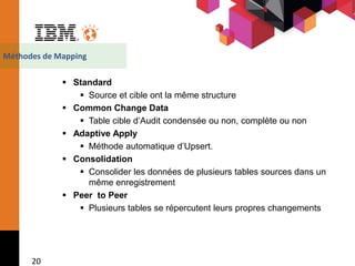 20
 Standard
 Source et cible ont la même structure
 Common Change Data
 Table cible d’Audit condensée ou non, complète ou non
 Adaptive Apply
 Méthode automatique d’Upsert.
 Consolidation
 Consolider les données de plusieurs tables sources dans un
même enregistrement
 Peer to Peer
 Plusieurs tables se répercutent leurs propres changements
Méthodes de Mapping
 
