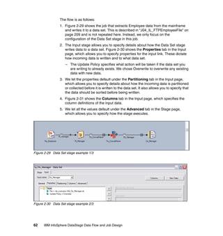 The flow is as follows:
                1. Figure 2-29 shows the job that extracts Employee data from the mainframe
                   and writes it to a data set. This is described in “J04_IL_FTPEmployeeFile” on
                   page 209 and is not repeated here. Instead, we only focus on the
                   configuration of the Data Set stage in this job.
                2. The Input stage allows you to specify details about how the Data Set stage
                   writes data to a data set. Figure 2-30 shows the Properties tab in the Input
                   page, which allows you to specify properties for the input link. These dictate
                   how incoming data is written and to what data set.
                    – The Update Policy specifies what action will be taken if the data set you
                      are writing to already exists. We chose Overwrite to overwrite any existing
                      data with new data.
                3. We let the properties default under the Partitioning tab in the Input page,
                   which allows you to specify details about how the incoming data is partitioned
                   or collected before it is written to the data set. It also allows you to specify that
                   the data should be sorted before being written.
                4. Figure 2-31 shows the Columns tab in the Input page, which specifies the
                   column definitions of the input data.
                5. We let all the values default under the Advanced tab in the Stage page,
                   which allows you to specify how the stage executes.




Figure 2-29 Data Set stage example 1/3




Figure 2-30 Data Set stage example 2/3




62    IBM InfoSphere DataStage Data Flow and Job Design
 