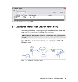 Figure 2-31 Data Set stage example 3/3



2.7 Distributed Transaction (new in Version 8.1)
                The connector framework is being enhanced to provide support for distributed
                two-phased XA transactions in DataStage Enterprise jobs.

                  Note: At the time of writing this Redbooks publication, DTS is only supported
                  for DB2.

                Figure 2-32 shows the main elements involved in exploiting the Distributed
                Transaction stage.




                Figure 2-32 Distributed Transaction stage




                                                   Chapter 2. IBM InfoSphere DataStage stages   63
 