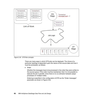 Figure 2-33 DTS flow concepts

                There are many ways in which DTS jobs can be deployed. The choice of a
                particular topology is dependent upon the nature of the source data and how it
                must be processed, as follows:
                   Order
                   Whether the messages have to be processed in the order they were written to
                   the source queue. If the order must be maintained, then it is not possible to
                   execute the job in parallel, since there is no co-ordination between player
                   processes on multiple nodes.
                   Ordering is specified in the configuration of DTS as the “Order messages”
                   parameter as shown in Figure 2-34.




66    IBM InfoSphere DataStage Data Flow and Job Design
 