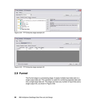 Figure 2-58 FTP Enterprise stage example 2/3




Figure 2-59 FTP Enterprise stage example 3/3



2.9 Funnel
                The Funnel stage is a processing stage. It copies multiple input data sets to a
                single output data set. This operation is useful for combining separate data sets
                into a single large data set. The stage can have any number of input links and a
                single output link, as shown in Figure 2-60.




88    IBM InfoSphere DataStage Data Flow and Job Design
 