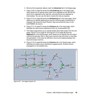 3. We let all the properties default under the Advanced tab in the Stage page.
                4. Figure 2-69 on page 96 shows the Link Ordering tab in the Stage page,
                   which allows you to specify which input link is regarded as the left link and
                   which link is regarded as the right link, and which links are regarded as
                   intermediate. You can use this tab to reorder the links as required.
                5. Figure 2-70 on page 96 shows the Partitioning tab in the Input page, which
                   allows you to specify details about how the incoming data is partitioned or
                   collected. We chose the Hash Partition Type and sorted the input on the
                   CUSTOMER_ID column.
                6. Figure 2-71 on page 97 shows the Columns tab in the Input page, which
                   identifies the input column definitions of the Joi_CustomerDim link.
                7. The Output page allows you to specify details about data output from the Join
                   stage. Figure 2-72 on page 97 and Figure 2-73 on page 98 show the
                   Mapping tab in the Output page, which allows you to specify how the output
                   columns are derived, that is, what input columns map onto them or how they
                   are generated. In this case we defined a one-to-one mapping between the
                   input and output columns.
                8. Figure 2-74 on page 99 shows the Columns tab in the Output page, which
                   identifies the output column definitions mapped earlier. Runtime column
                   propagation is not enabled here.




Figure 2-67 Join stage example 1/8




                                                  Chapter 2. IBM InfoSphere DataStage stages       95
 