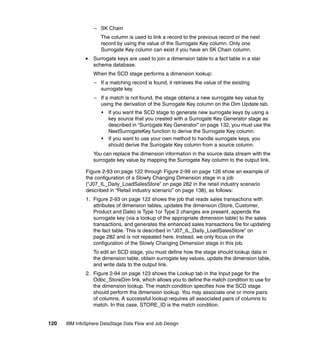 – SK Chain
                     The column is used to link a record to the previous record or the next
                     record by using the value of the Surrogate Key column. Only one
                     Surrogate Key column can exist if you have an SK Chain column.
                 Surrogate keys are used to join a dimension table to a fact table in a star
                 schema database.
                 When the SCD stage performs a dimension lookup:
                  – If a matching record is found, it retrieves the value of the existing
                    surrogate key.
                  – If a match is not found, the stage obtains a new surrogate key value by
                    using the derivation of the Surrogate Key column on the Dim Update tab.
                     •   If you want the SCD stage to generate new surrogate keys by using a
                         key source that you created with a Surrogate Key Generator stage as
                         described in “Surrogate Key Generator” on page 132, you must use the
                         NextSurrogateKey function to derive the Surrogate Key column.
                     •   If you want to use your own method to handle surrogate keys, you
                         should derive the Surrogate Key column from a source column.
                 You can replace the dimension information in the source data stream with the
                 surrogate key value by mapping the Surrogate Key column to the output link.

              Figure 2-93 on page 122 through Figure 2-99 on page 126 show an example of
              the configuration of a Slowly Changing Dimension stage in a job
              (“J07_IL_Daily_LoadSalesStore” on page 282 in the retail industry scenario
              described in “Retail industry scenario” on page 138), as follows:
              1. Figure 2-93 on page 122 shows the job that reads sales transactions with
                 attributes of dimension tables, updates the dimension (Store, Customer,
                 Product and Date) is Type 1or Type 2 changes are present, appends the
                 surrogate key (via a lookup of the appropriate dimension table) to the sales
                 transactions, and generates the enhanced sales transactions file for updating
                 the fact table. This is described in “J07_IL_Daily_LoadSalesStore” on
                 page 282 and is not repeated here. Instead, we only focus on the
                 configuration of the Slowly Changing Dimension stage in this job.
                 To edit an SCD stage, you must define how the stage should lookup data in
                 the dimension table, obtain surrogate key values, update the dimension table,
                 and write data to the output link.
              2. Figure 2-94 on page 123 shows the Lookup tab in the Input page for the
                 Odbc_StoreDim link, which allows you to define the match condition to use for
                 the dimension lookup. The match condition specifies how the SCD stage
                 should perform the dimension lookup. You may associate one or more pairs
                 of columns. A successful lookup requires all associated pairs of columns to
                 match. In this case, STORE_ID is the match condition.


120   IBM InfoSphere DataStage Data Flow and Job Design
 