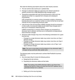 We make the following assumptions about this retail industry scenario:
                 The star-schema data warehouse is updated daily.
                 Changes to dimension tables are captured in the relevant operational
                 systems and fed into an IBM WebSphere MQ message queue.
                 Transactions associated with Late Arriving Dimensions (LAD) are to be
                 rejected and written to a separate file for analysis and subsequent
                 re-processing.
                 LAD corresponds to a scenario where a transaction contains a dimension
                 business key (such as a customer number or a store id) that has not yet been
                 inserted into the corresponding dimension table.
                 Late Arriving or Non-Arriving Data (LANAD) changes should be processed —
                 in other words, the dimension tables should reflect these changes even if
                 there are no transactions referencing them.
                 LANAD corresponds to a scenario where changes are processed for a
                 dimension key or attribute, and there are no transactions corresponding to
                 these dimension changes.
                 Dimension table changes may arrive in the following combinations for a given
                 business key:
                  – Changes to a single dimension table may contain more than one Type 1
                    attribute change.
                  – Changes to a single dimension table may contain more than one Type 2
                    attribute change.
                  – Changes to a single dimension table may contain a mix of Type 1 and
                    Type 2 attribute changes.

                   Note: The norm is more likely to be the absence of any dimension table
                   changes during a particular daily update cycle.

              The following tasks must be performed to achieve WantThatStuff’s business
              objectives:
                 One time tasks (Day 0) involve the following actions:
                 a. Designing the star-schema.
                 b. Populating the dimension tables and fact table.

                      Note: The loading of the DATE dimension table is not shown here,
                      because the input for it does not come from the OLTP systems, but is
                      generated directly from a calendar.

                 c. Setting up for the recurring tasks.



142   IBM InfoSphere DataStage Data Flow and Job Design
 