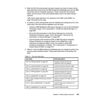 3. After the DS_Overview project has been created, you have to import all the
   table definitions required by the IBM InfoSphere DataStage jobs into the IBM
   Information Server metadata repository. These include the star-schema
   tables, and the some of the intermediate tables used in the retail industry
   scenario.
   “J0B_Import table definitions into repository from DB2 using ODBC” on
   page 154 performs this step.
4. A number of other prerequisites must be installed and configured prior to the
   initial load of the star-schema database such as these:
   – Create an IBM WebSphere MQ queue manager for use by the Distributed
     Transaction stage. This is described in “Create the Queue Manager” on
     page 580.
   – Set up the XA parameters on the Queue Manager for use by the
     Distributed Transaction stage. This is described in “Set up the XA
     parameters on Queue Manager” on page 587.
   – Use the Classic Data Architect (CDA) of IBM Information Integrator
     Classic Federation to configure access to the VSAM files on the
     mainframe as relational tables on the Linux platform where IBM
     InfoSphere DataStage is installed. This is described in “Configuration of
     Classic Data Architect” on page 574.
5. Table 3-1 lists the IBM InfoSphere DataStage jobs we created to perform the
   one time tasks identified earlier. These were performed on November 5th,
   2007.

Table 3-1 One time tasks jobs
 Job name                                       Brief description

 “J01_IL_FTPCustomerFile” on page 159           Transfers Customer file from the
                                                mainframe to the Linux platform

 “J02_IL_LoadCustomerDim” on page 184           Loads the Customer dimension table

 “J03_IL_LoadProductDim” on page 202            Loads the Product dimension table

 “J04_IL_FTPEmployeeFile” on page 209           Transfers Employee file from the
                                                mainframe to the Linux platform

 “J05_IL_LoadStoreDim” on page 219              Loads the Store dimension table

 “J06_IL_Daily_CreateCurrencyLookup_Service”    Performs a lookup of the daily currency
 on page 227                                    exchange rate

 “J07_IL_Daily_LoadSalesStore” on page 282      Loads the daily sales transactions of a
                                                store to a table

 “J08_IL_LoadSalesFact” on page 292             Loads the Sales fact table




                                               Chapter 3. Retail industry scenario        145
 