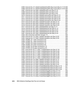 3-605   Execute the J17_DailyCreateSalesFactDS (Day 2) job (Day 2) 11/12 529
              3-606   Execute the J17_DailyCreateSalesFactDS (Day 2) job (Day 2) 12/12 529
              3-607   Execute the J18_Daily_UpdateStoreDim job (Day 2) 1/3 . . . . . . . . . . 530
              3-608   Execute the J18_Daily_UpdateStoreDim job (Day 2) 2/3 . . . . . . . . . . 530
              3-609   Execute the J18_Daily_UpdateStoreDim job (Day 2) 3/3 . . . . . . . . . . 531
              3-610   Execute the J19_Daily_UpdateCustomerDim job (Day 2) 1/4 . . . . . . 532
              3-611   Execute the J19_Daily_UpdateCustomerDim job (Day 2) 2/4 . . . . . . 532
              3-612   Execute the J19_Daily_UpdateCustomerDim job (Day 2) 3/4 . . . . . . 533
              3-613   Execute the J19_Daily_UpdateCustomerDim job (Day 2) 4/4 . . . . . . 533
              3-614   Execute the J20_Daily_UpdateProductDim job (Day 2) 1/3 . . . . . . . . 534
              3-615   Execute the J20_Daily_UpdateProductDim job (Day 2) 2/3 . . . . . . . . 534
              3-616   Execute the J20_Daily_UpdateProductDim job (Day 2) 3/3 . . . . . . . . 535
              3-617   Execute the J21_Daily_UpdateDateDim job (Day 2) 1/? . . . . . . . . . . 535
              3-618   Execute the J22_Daily_UpdateSalesFact job (Day 2) 1/4 . . . . . . . . . 536
              3-619   Execute the J22_Daily_UpdateSalesFact job (Day 2) 2/4 . . . . . . . . . 536
              3-620   Execute the J22_Daily_UpdateSalesFact job (Day 2) 3/4 . . . . . . . . . 537
              3-621   Execute the J22_Daily_UpdateSalesFact job (Day 2) 4/4 . . . . . . . . . 537
              3-622   Store dimension attribute changes 1/3 . . . . . . . . . . . . . . . . . . . . . . . . 538
              3-623   Execute the J13_Daily_UpdateLookupDim job (Day 3) 2/3 . . . . . . . . 538
              3-624   Execute the J13_Daily_UpdateLookupDim job (Day 3) 3/3 . . . . . . . . 538
              3-625   STORE_ID 1 sales transactions 2/2 . . . . . . . . . . . . . . . . . . . . . . . . . . 538
              3-626   STORE_ID 1 sales transactions 2/2 . . . . . . . . . . . . . . . . . . . . . . . . . . 539
              3-627   STORE_ID 9 sales transactions 1/2 . . . . . . . . . . . . . . . . . . . . . . . . . . 539
              3-628   STORE_ID 9 sales transactions 2/2 . . . . . . . . . . . . . . . . . . . . . . . . . . 539
              3-629   STORE_ID 33 sales transactions 1/2 . . . . . . . . . . . . . . . . . . . . . . . . . 539
              3-630   STORE_ID 33 sales transactions 2/2 . . . . . . . . . . . . . . . . . . . . . . . . . 540
              3-631   Execute the J07_IL_Daily_LoadSalesStore job (Day 3) 1/6 . . . . . . . . 542
              3-632   Execute the J07_IL_Daily_LoadSalesStore job (Day 3) 2/6 . . . . . . . . 542
              3-633   Execute the J07_IL_Daily_LoadSalesStore job (Day 3) 3/6 . . . . . . . . 543
              3-634   Execute the J07_IL_Daily_LoadSalesStore job (Day 3) 4/6 . . . . . . . . 543
              3-635   Execute the J07_IL_Daily_LoadSalesStore job (Day 3) 5/6 . . . . . . . . 544
              3-636   Execute the J07_IL_Daily_LoadSalesStore job (Day 3) 6/6 . . . . . . . . 544
              3-637   Execute the J13_Daily_UpdateLookupDim job (Day 3) 1/4 . . . . . . . . 545
              3-638   Execute the J13_Daily_UpdateLookupDim job (Day 3) 2/4 . . . . . . . . 545
              3-639   Execute the J13_Daily_UpdateLookupDim job (Day 3) 3/4 . . . . . . . . 546
              3-640   Execute the J13_Daily_UpdateLookupDim job (Day 3) 4/4 . . . . . . . . 546
              3-641   Execute the J14_Daily_CreateAllSalesStoreDS job (Day 3) 1/3 . . . . 547
              3-642   Execute the J14_Daily_CreateAllSalesStoreDS job (Day 3) 2/3 . . . . 547
              3-643   Execute the J14_Daily_CreateAllSalesStoreDS job (Day 3) 3/3 . . . . 547
              3-644   Execute the J15_Daily_CreateSalesAggDS job (Day 3) 1/13. . . . . . . 548
              3-645   Execute the J15_Daily_CreateSalesAggDS job (Day 3) 2/13. . . . . . . 549
              3-646   Execute the J15_Daily_CreateSalesAggDS job (Day 3) 3/13. . . . . . . 549
              3-647   Execute the J15_Daily_CreateSalesAggDS job (Day 3) 4/13. . . . . . . 549


xxiv   IBM InfoSphere DataStage Data Flow and Job Design
 