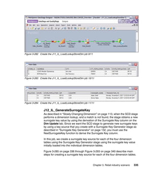 Figure 3-282 Create the J11_IL_LoadLookupStoreDim job 9/11




Figure 3-283 Create the J11_IL_LoadLookupStoreDim job 10/11




Figure 3-284 Create the J11_IL_LoadLookupStoreDim job 11/11


                J12_IL_GenerateSurrogateKey
                As described in “Slowly Changing Dimension” on page 113, when the SCD stage
                performs a dimension lookup, and a match is not found, the stage obtains a new
                surrogate key value by using the derivation of the Surrogate Key column on the
                Dim Update tab. Since we want the SCD stage to generate new surrogate keys
                by using a key source that you create with a Surrogate Key Generator stage as
                described in “Surrogate Key Generator” on page 132, you must use the
                NextSurrogateKey function to derive the Surrogate Key column.

                In this job, we create a surrogate key source for each of the four dimension
                tables using the Surrogate Key Generator stage using the surrogate key value
                initially loaded into the individual dimension tables.

                Figure 3-285 on page 336 through Figure 3-293 on page 340 describe main
                steps for creating a surrogate key source for each of the four dimension tables.


                                                             Chapter 3. Retail industry scenario   335
 