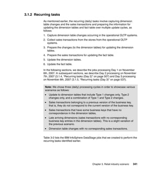 3.1.2 Recurring tasks
           As mentioned earlier, the recurring (daily) tasks involve capturing dimension
           table changes and the sales transactions and preparing the information for
           updating the dimension tables and fact table over multiple update cycles, as
           follows:
           1. Capture dimension table changes occurring in the operational OLTP systems.
           2. Collect sales transactions from the stores from the operational OLTP
              systems.
           3. Prepare the changes (to the dimension tables) for updating the dimension
              tables.
           4. Prepare the sales transactions for updating the fact table.
           5. Update the dimension tables.
           6. Update the fact table.

           In the following sections, we describe the jobs processing Day 1 on November
           6th, 2007. In subsequent sections, we describe Day 2 processing on November
           7th, 2007 (3.1.4, “Recurring tasks (Day 2)” on page 507) and Day 3 processing
           on November 8th, 2007 (3.1.5, “Recurring tasks (Day 3)” on page 537).

            Note: We chose three (daily) processing cycles in order to showcase various
            scenarios as follows:
               Update to dimension tables that include Type 1 changes only, Type 2
               changes only, and a combination of Type 1 and Type 2 changes.
               Sales transactions belonging to a previous version of the business key,
               that is, they do not correspond to the current version of the business key.
               Sales transactions that have some business keys that have no
               correspondence in the dimension tables,
               Late arriving dimensions (sales transactions with no corresponding
               business key entries in the dimension tables). This is a slight variation of
               the previous scenario.
               Dimension table changes with no corresponding sales transactions.


           Table 3-2 lists the IBM InfoSphere DataStage jobs that we created to perform the
           recurring tasks identified earlier.




                                                      Chapter 3. Retail industry scenario   341
 